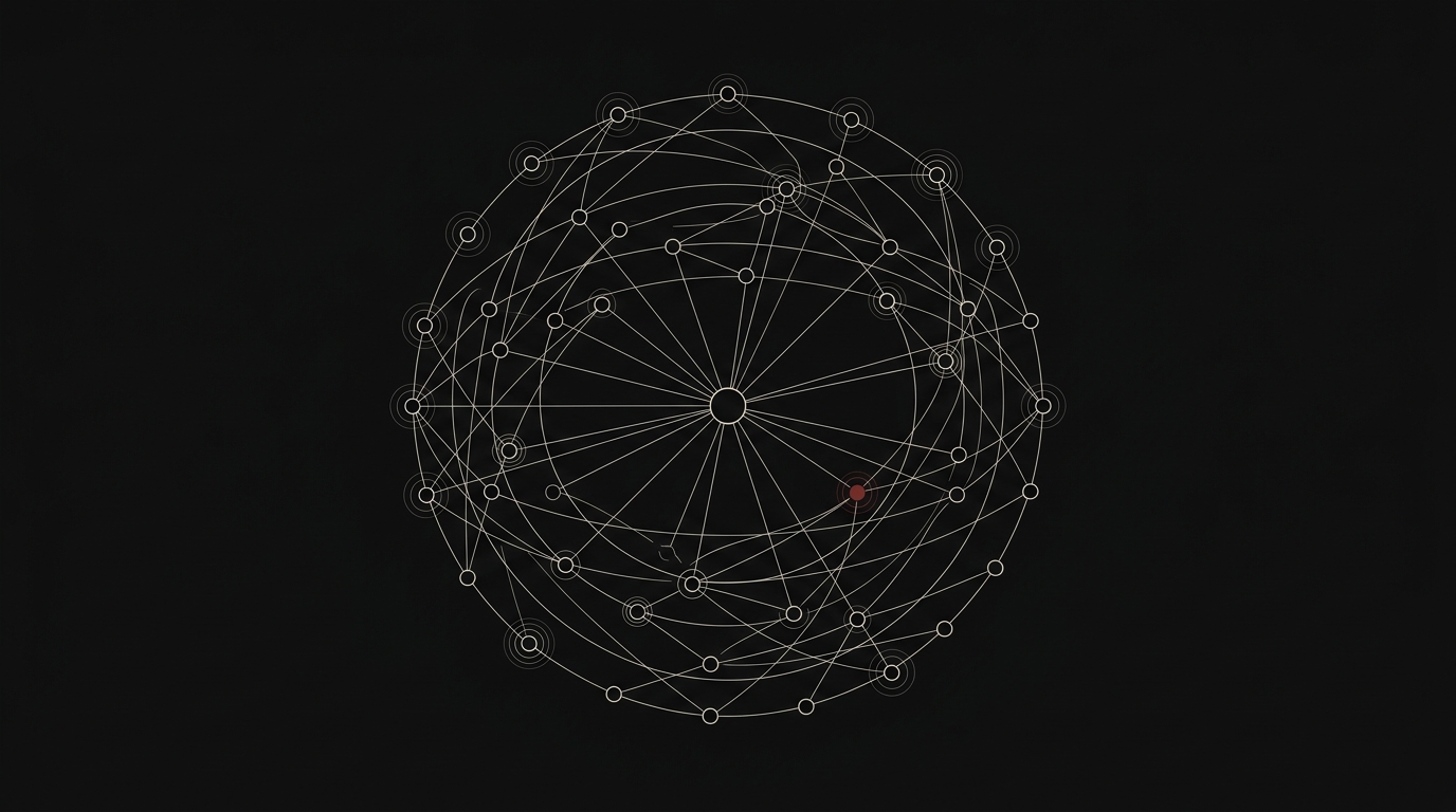 System diagram: a fleet of small agent nodes orbiting one central orchestrator node