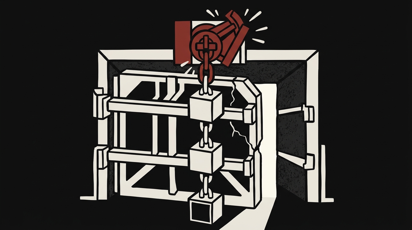 System diagram: a vault gate opening only after a chain of four source blocks connects into its lock