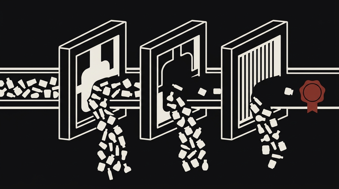 System diagram: product shapes flowing through three sequential filter gates, rejects falling away, one shape passing with a seal