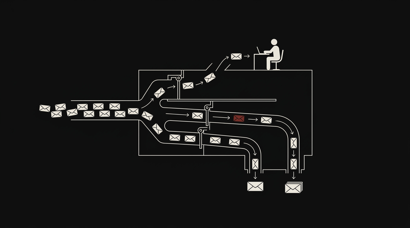 System diagram: a stream of message envelopes sorted through gates, most routed onward, a few diverted to a human