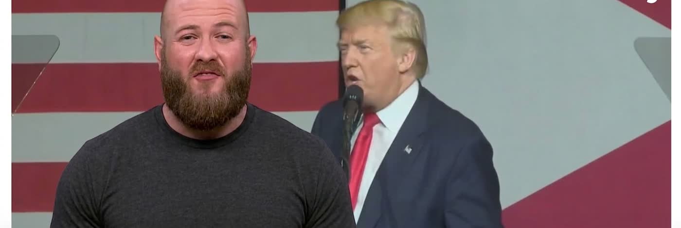 Mitchell Williams hosting an AJ+ explainer, composited beside Donald Trump at a campaign podium